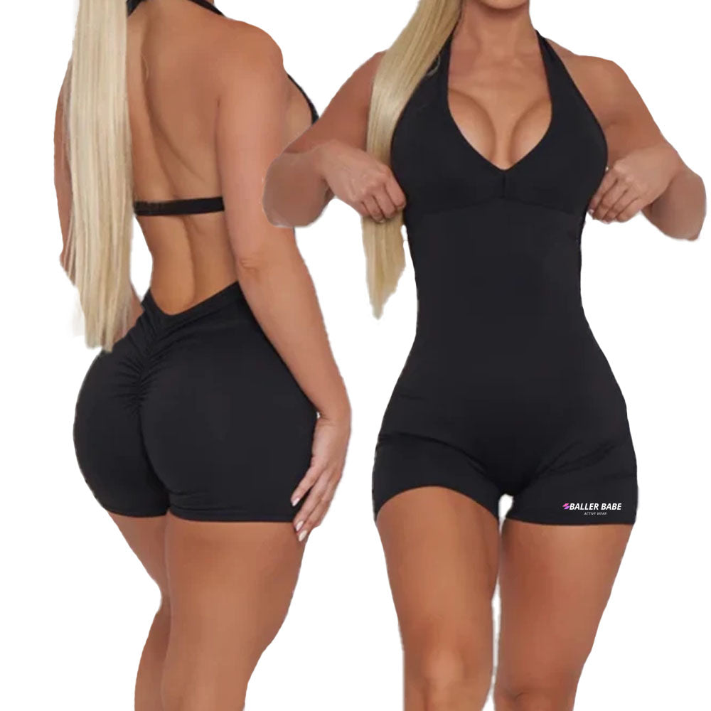 BLACK HALTER NECK BODYSUIT ACTIVEWEAR