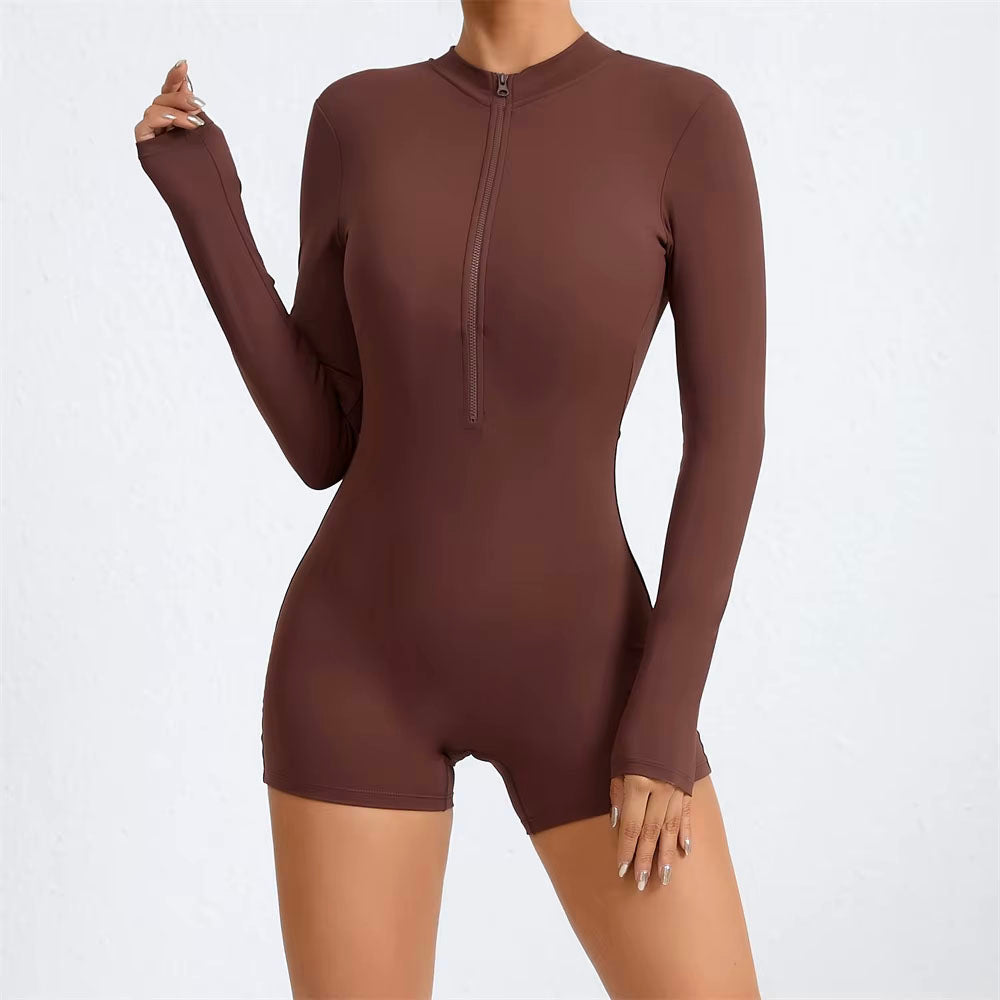 Baller Babe Long Sleeve Zipper Bodysuit Shorts Brown