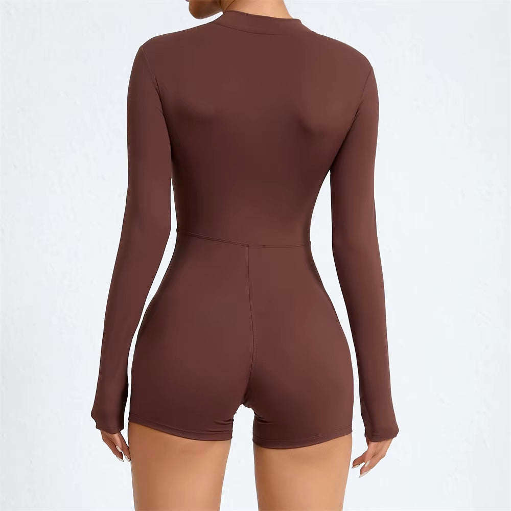 Baller Babe Long Sleeve Zipper Bodysuit Shorts Brown