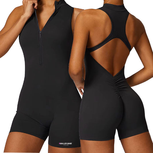Baller Babe gym Bodysuit with Zip Jet Black