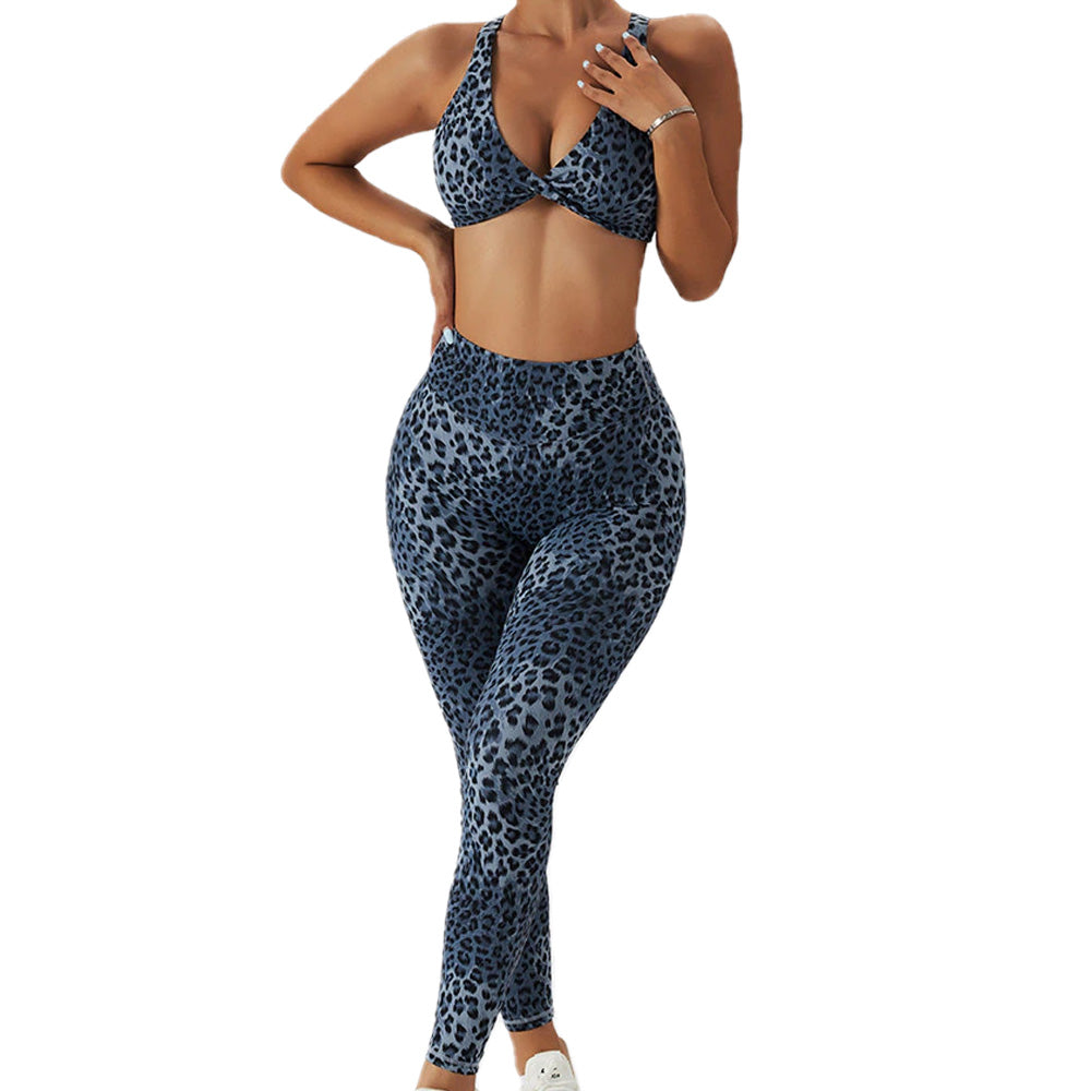 Leopard Twist Leggings with Sports Top Blue
