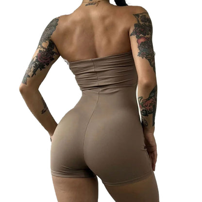 Show up Strapless Jumpsuit Shorts Neutral Brown