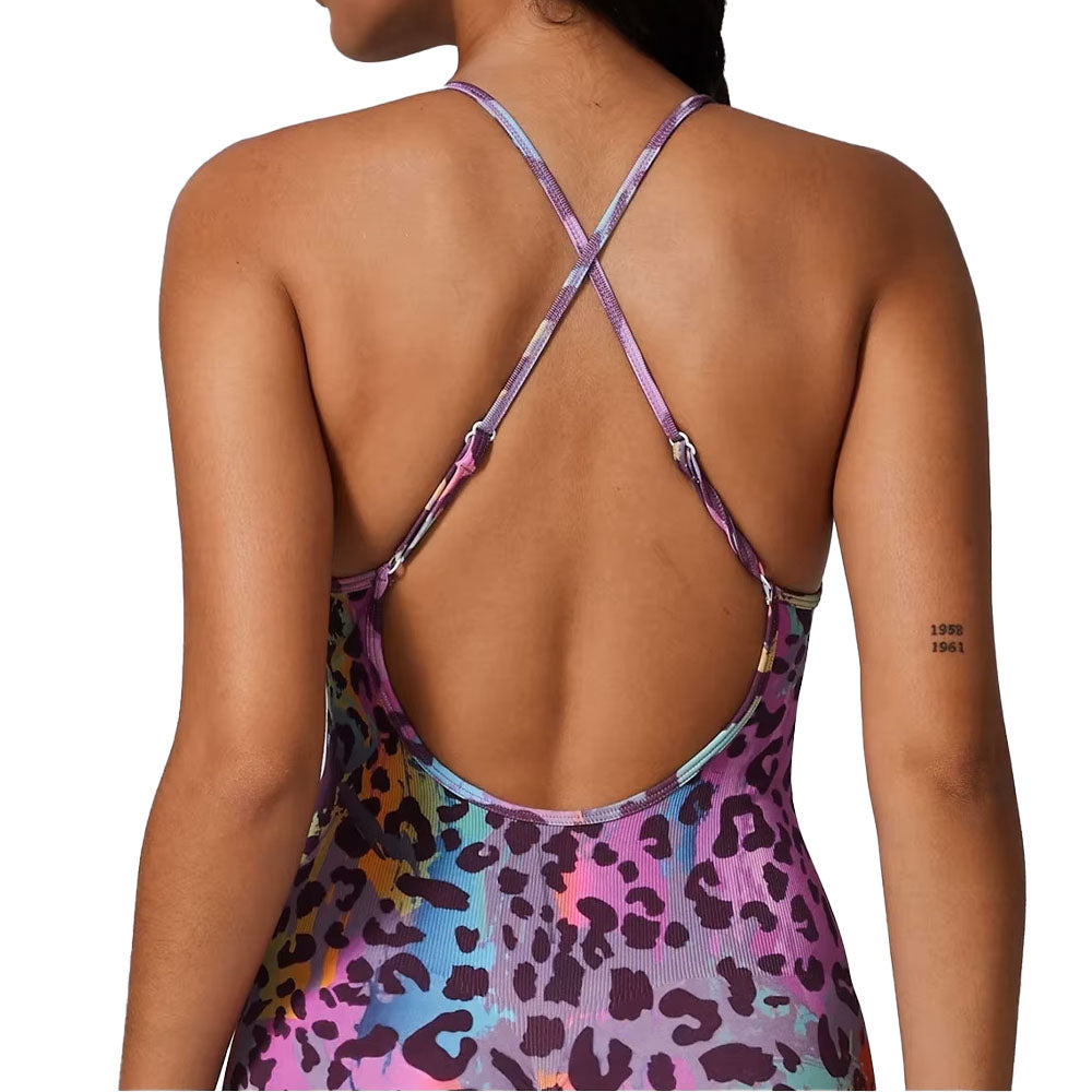Rainbow leopard print yoga jumpsuit back view