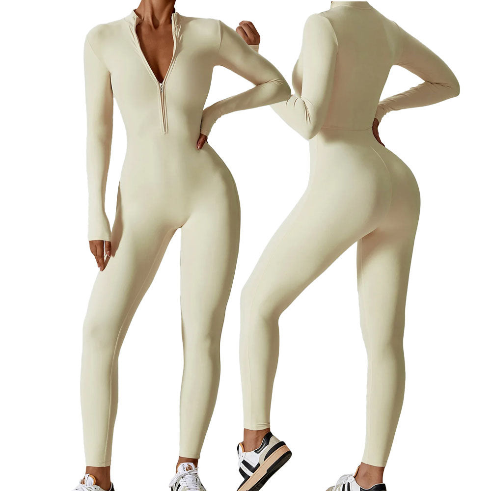 Baller Babe Full Length Long Sleeve Zipper Bodysuit Oat