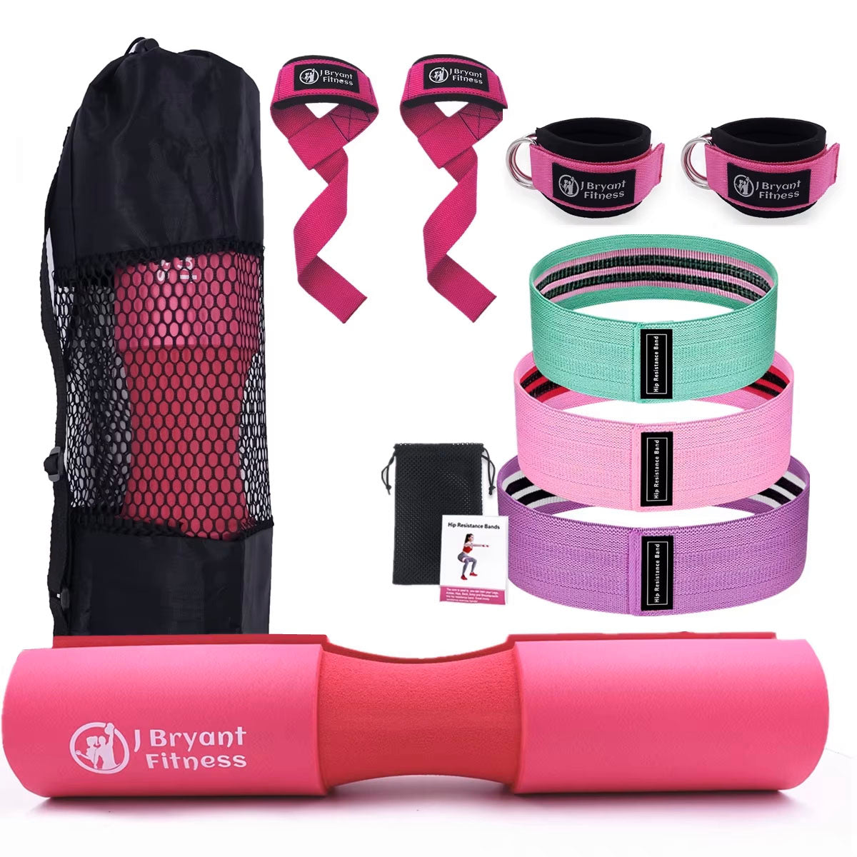 Complete Booty Band Barbell Pad Set and Accessories (9 PCS) - Pink