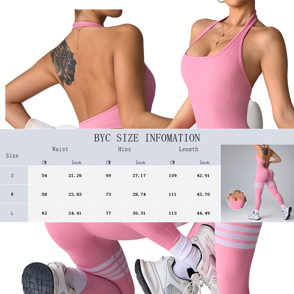 Pink Open Back Seamless Jumpsuit with stripes