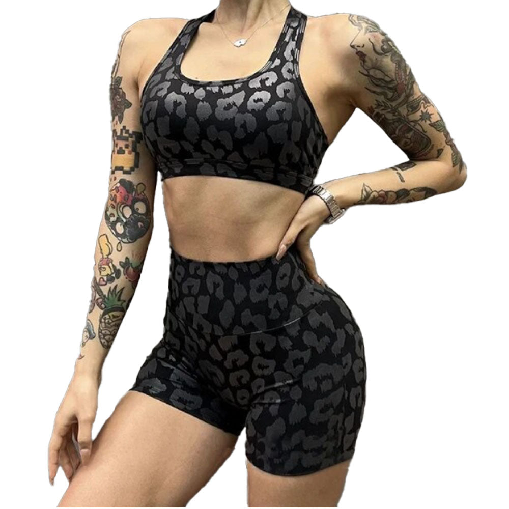 black leopard shorts with black leopard cheetah sports bra