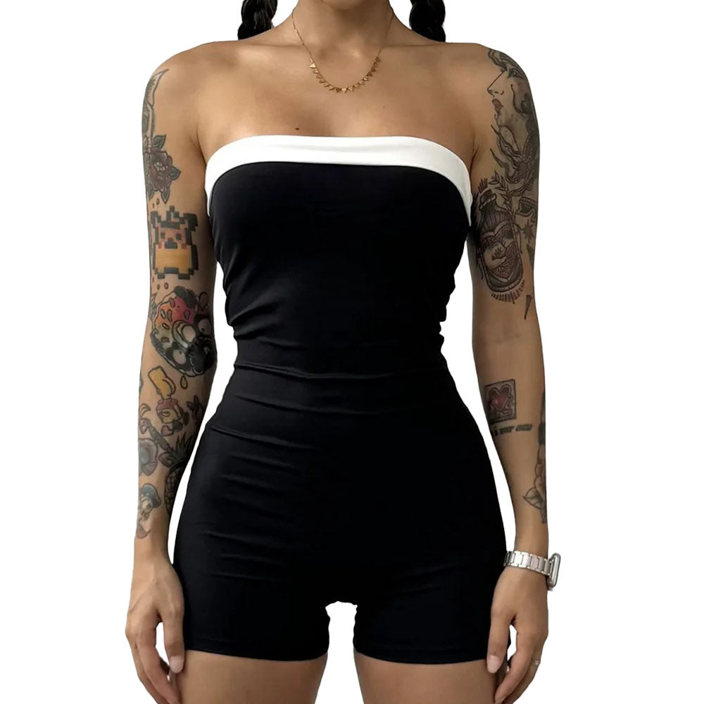 Show up Strapless Jumpsuit Shorts Black/White