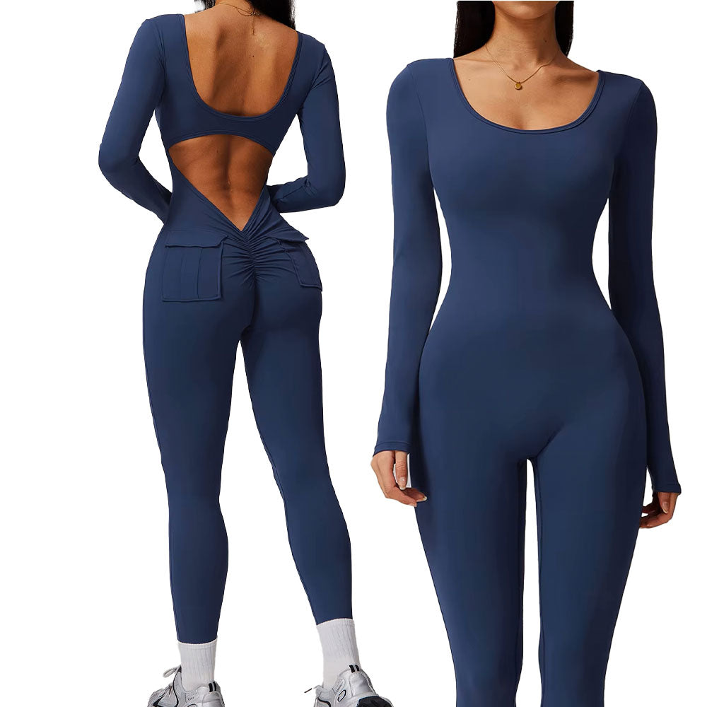 Long Sleeve Yoga Jumpsuit with Pockets Light Grey