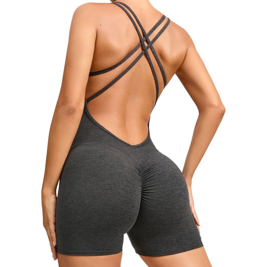 Baller Babe Bodysuit Shorts Open Back V Scrunch - Grey
