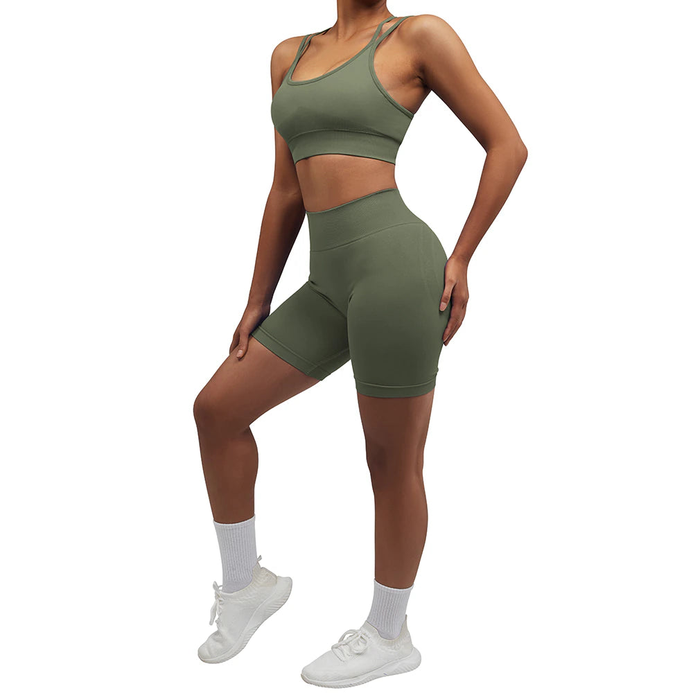 Seamless Giselle Active Shorts with Crop Top Khaki Green