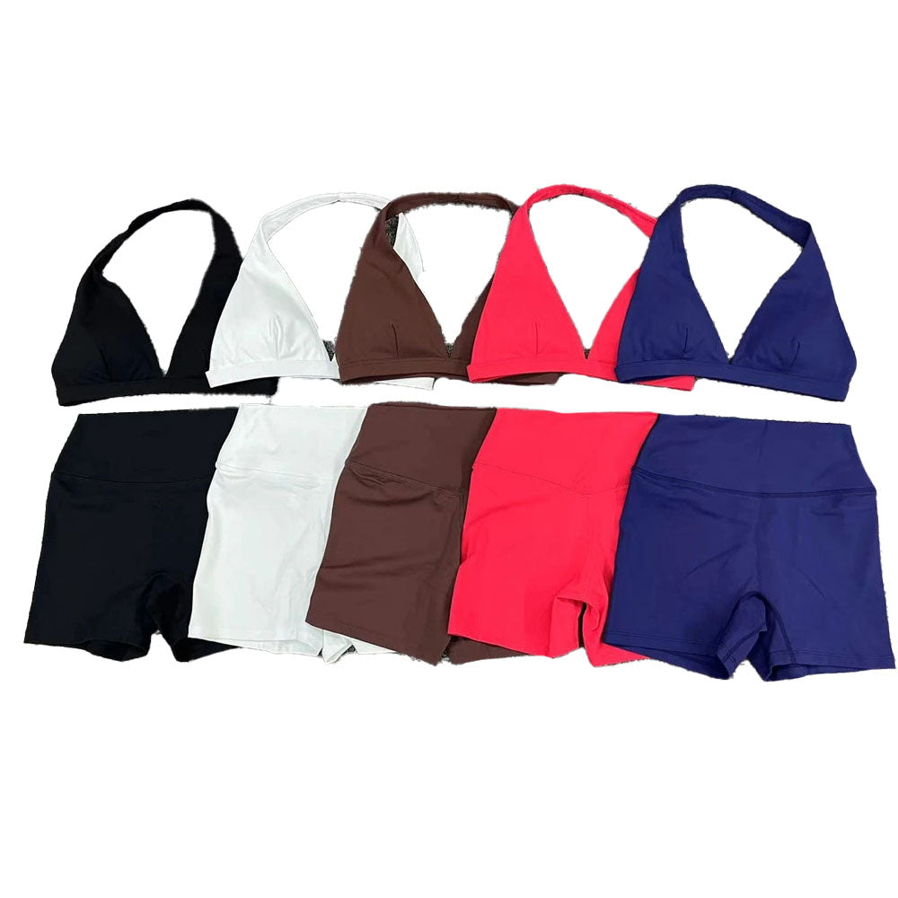 Deep V Bra Gym Halter Crop with Shorts Set