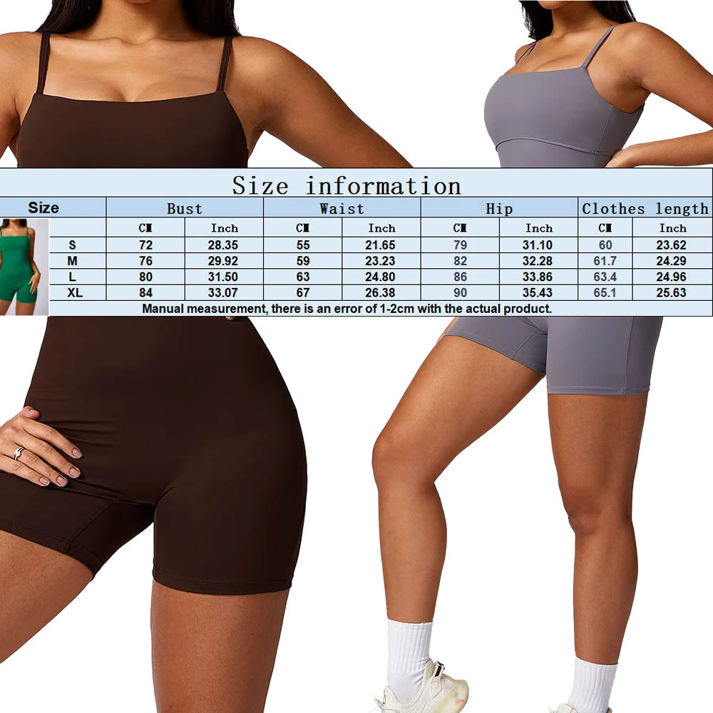 Two women wearing brown and gray athletic outfits with a size chart overlay.