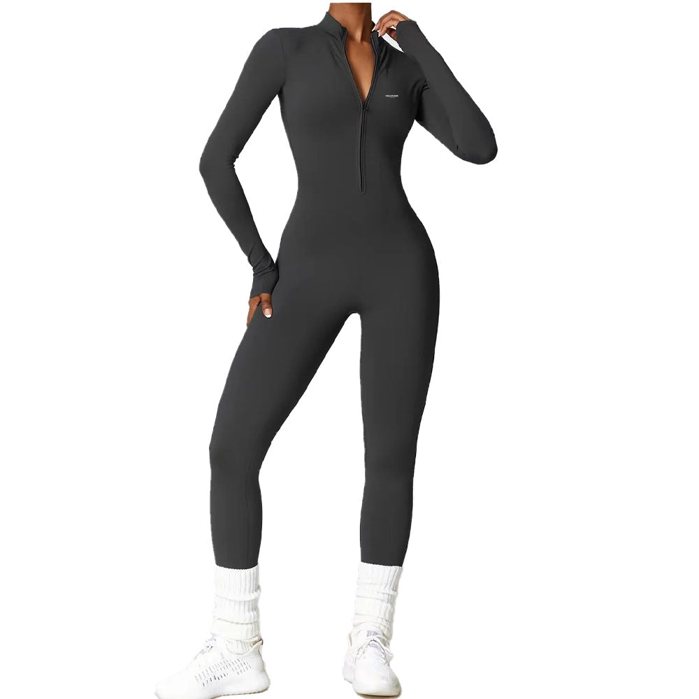 Baller Babe Full Length Long Sleeve Zipper Bodysuit Grey