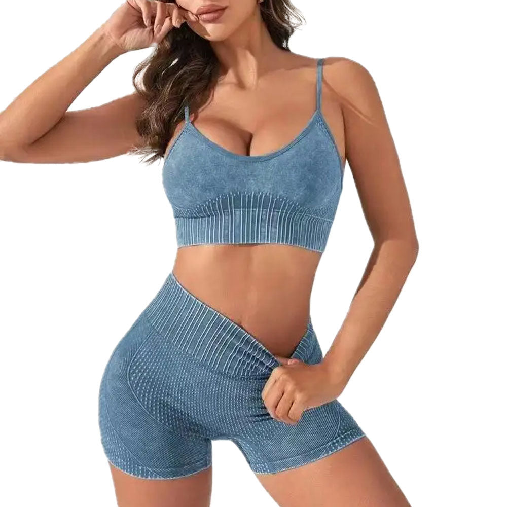 Baller Babe Embossed Seamless Shorts with Bra SET Blue