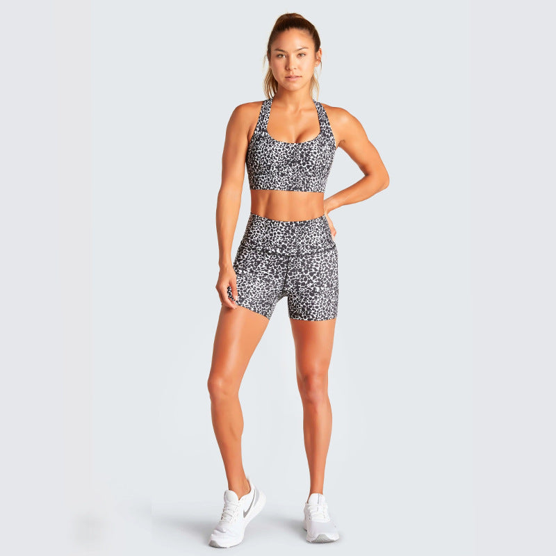 Leopard Print Activewear Shorts Set with Pocket