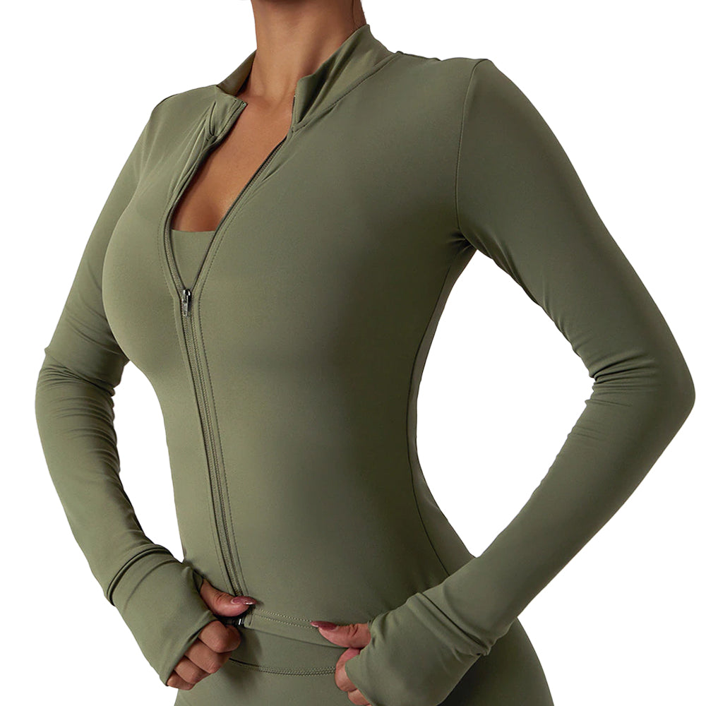 Slim Fit Active Zip Force Jacket in Khaki Green with Thumbholes to Secure  your Sleeves Womens activewear Australia – Baller Babe Active Wear