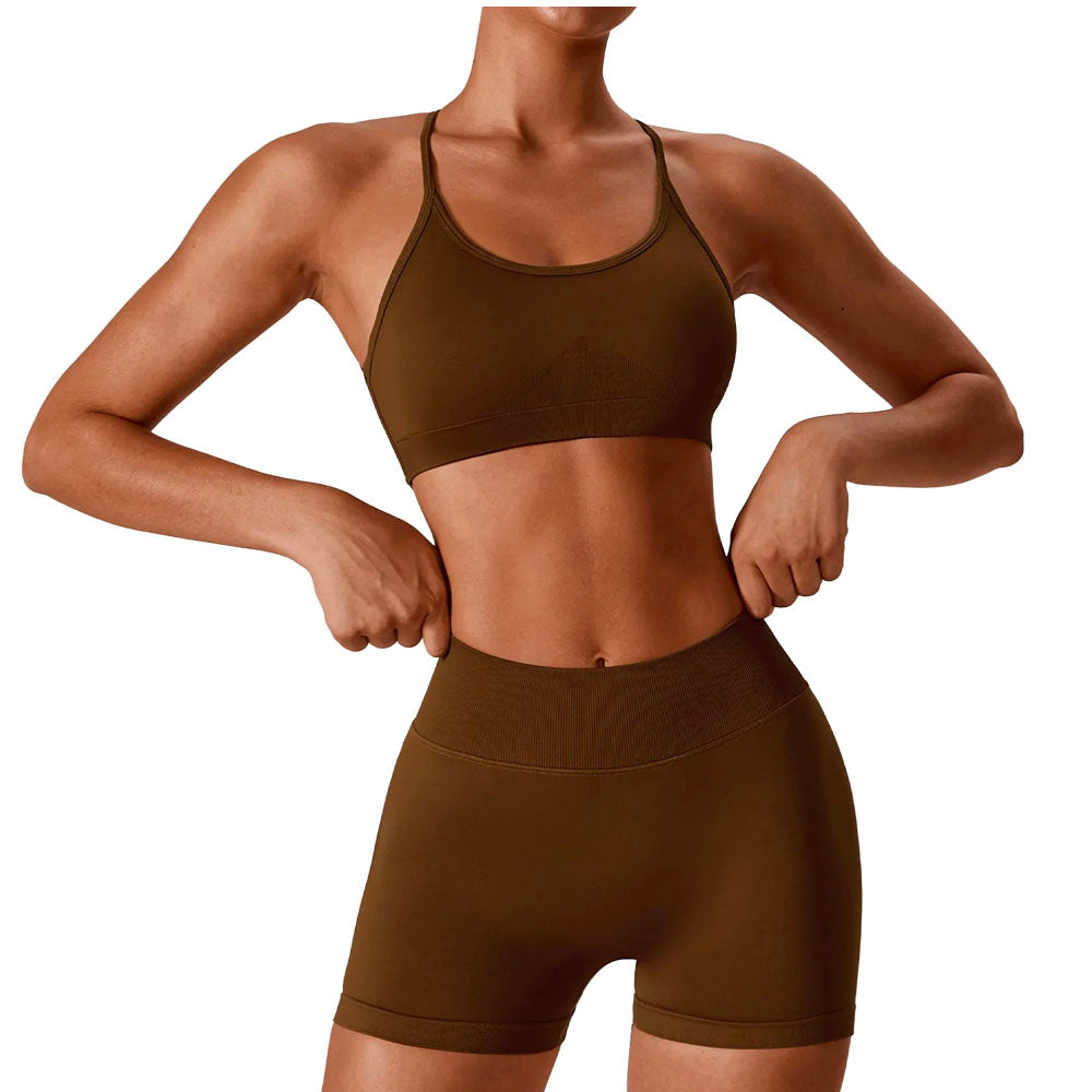 Seamless workout Shorts with Crop Top Set Brown