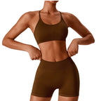 Seamless workout Shorts with Crop Top Set Brown
