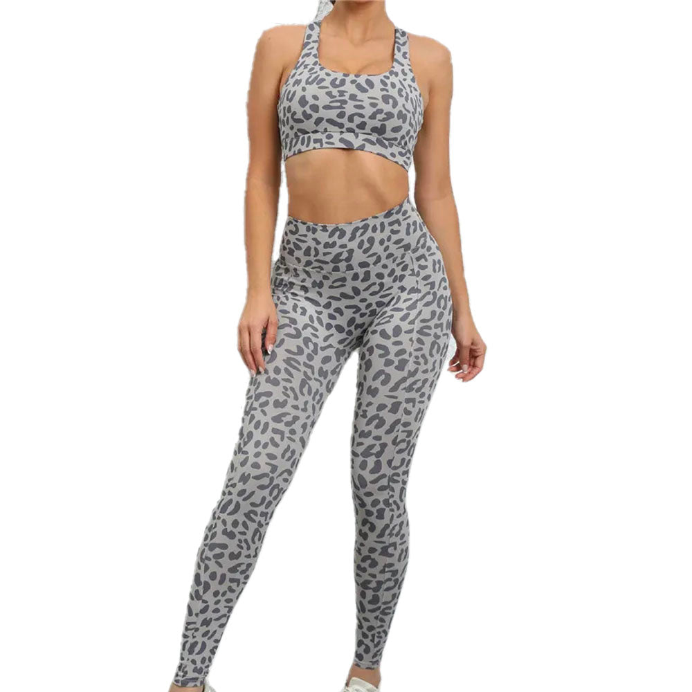 Animal Print High Waist Leggings with Sports Bra Set Grey