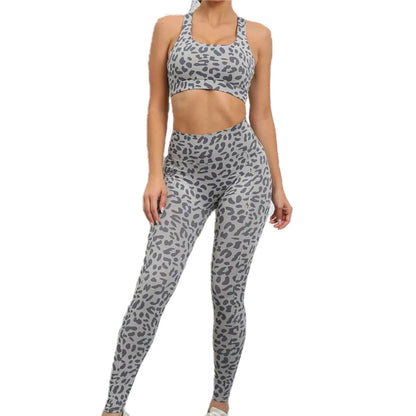 Animal Print High Waist Leggings with Sports Bra Set Grey