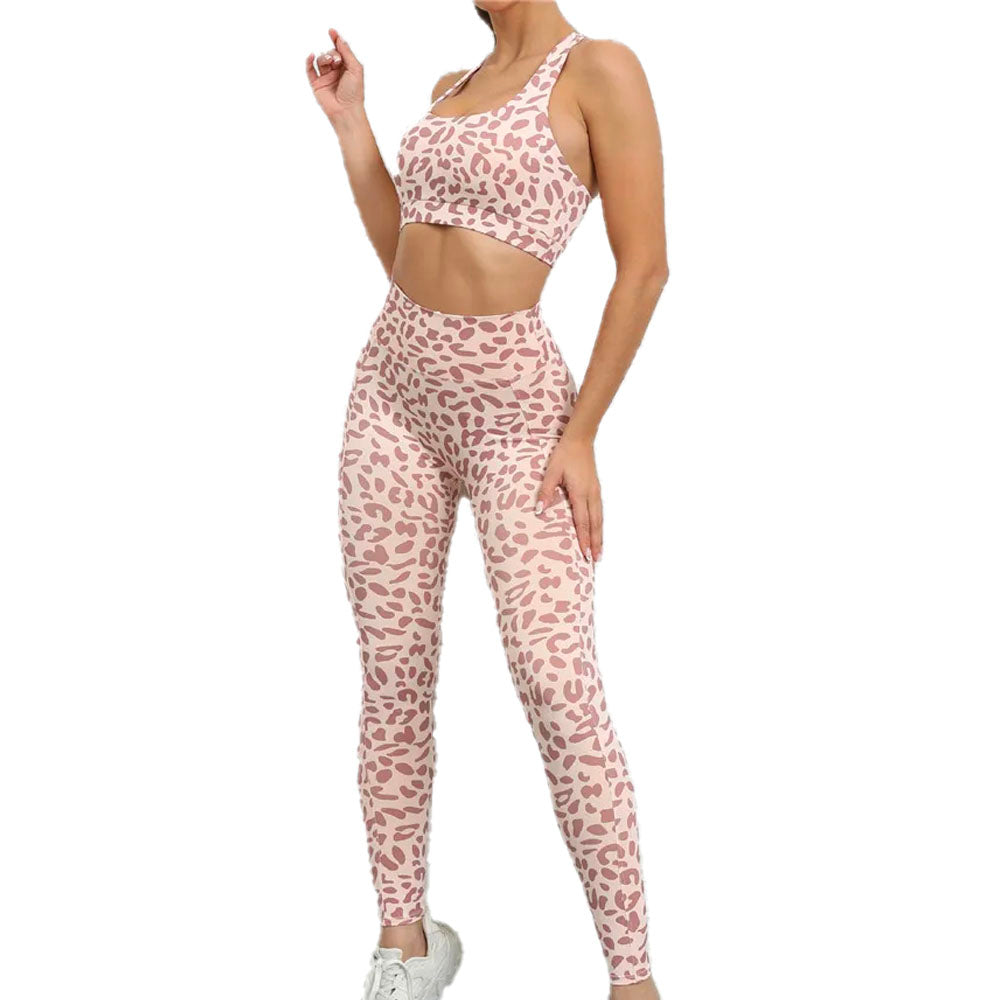 Animal Print High Waist Leggings with Sports Bra Set Peach