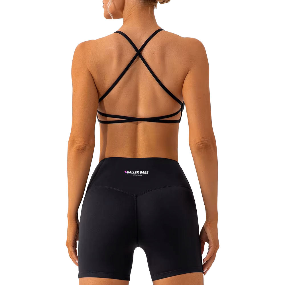 Baller Babe criss cross bra and shorts set Jet Black