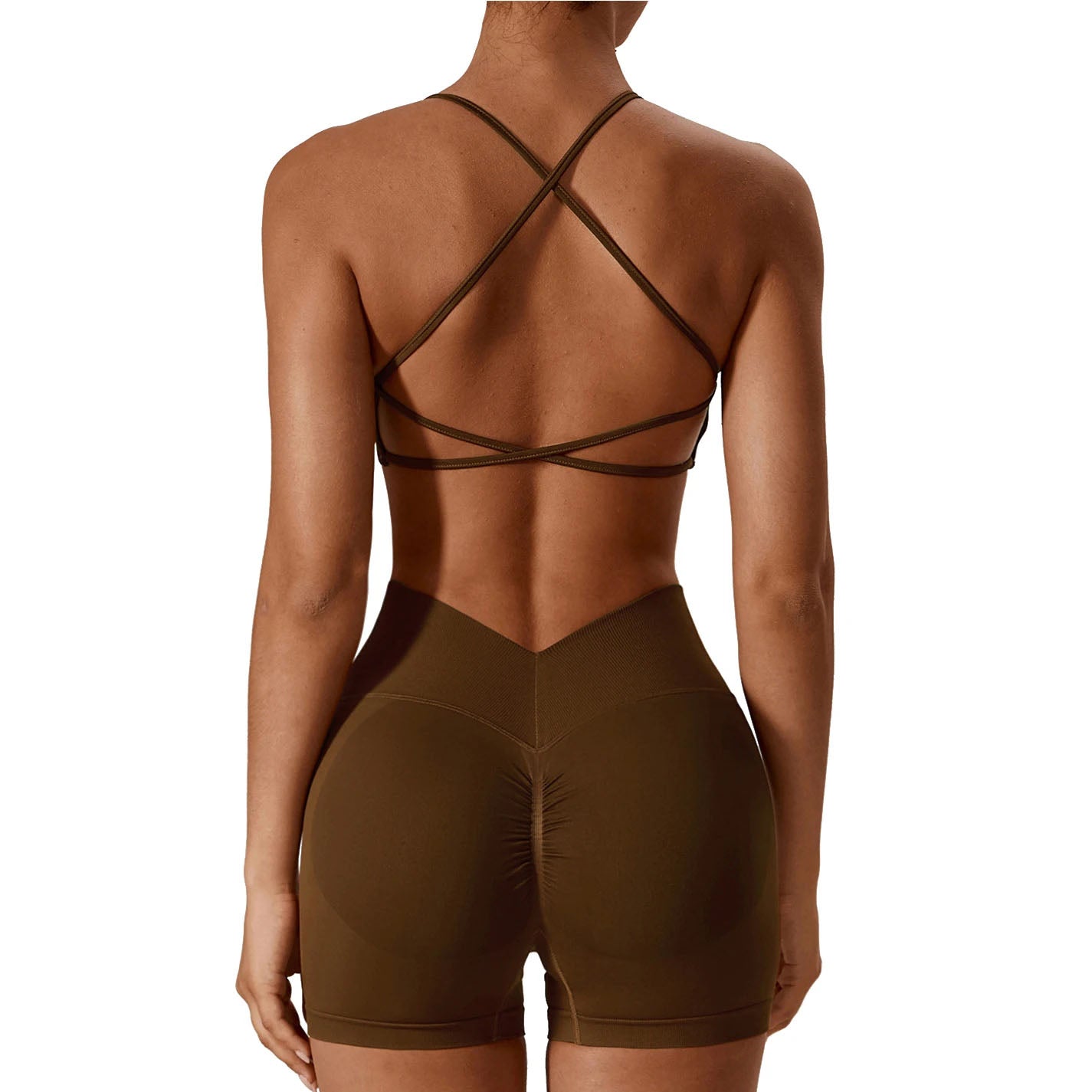 Seamless workout Shorts with Crop Top Set Brown