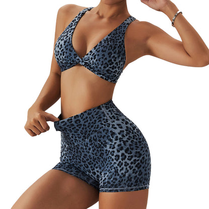 Leopard Twist Shorts & Crop Bra Set- Blue