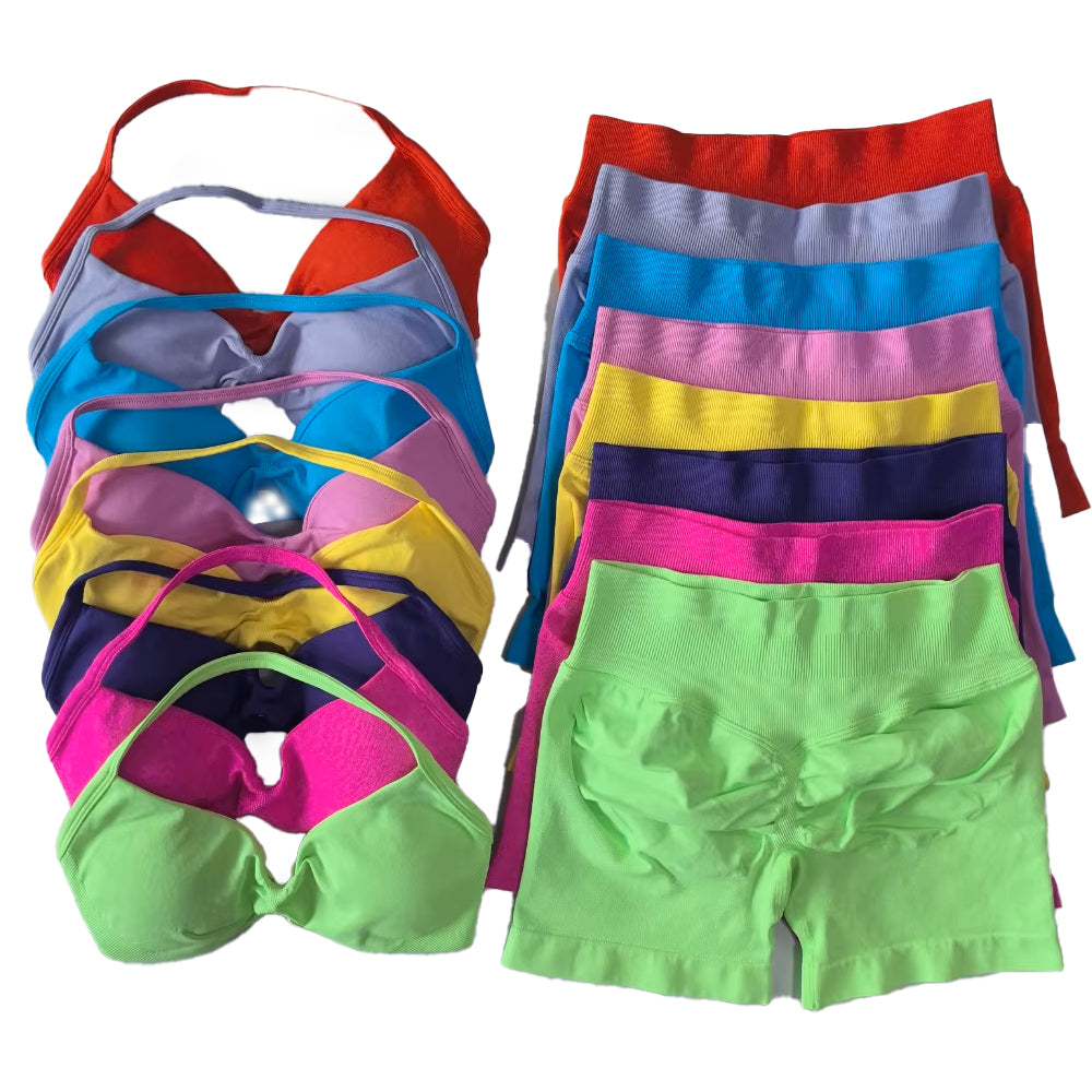 Bright Coloured bralette and scrunch workout shorts 