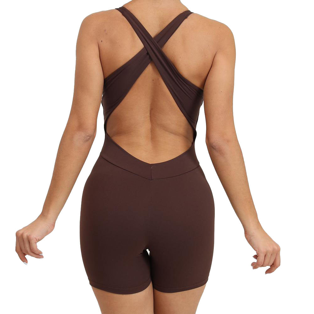 Laced Criss Cross Bodysuit Shorts Brown