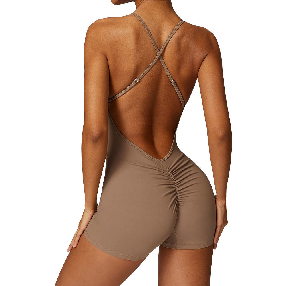Brown open-back bodysuit on a white background