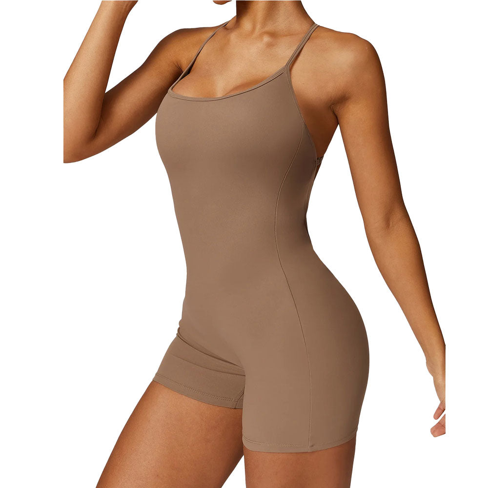 Brown bodysuit worn by a model on a white background