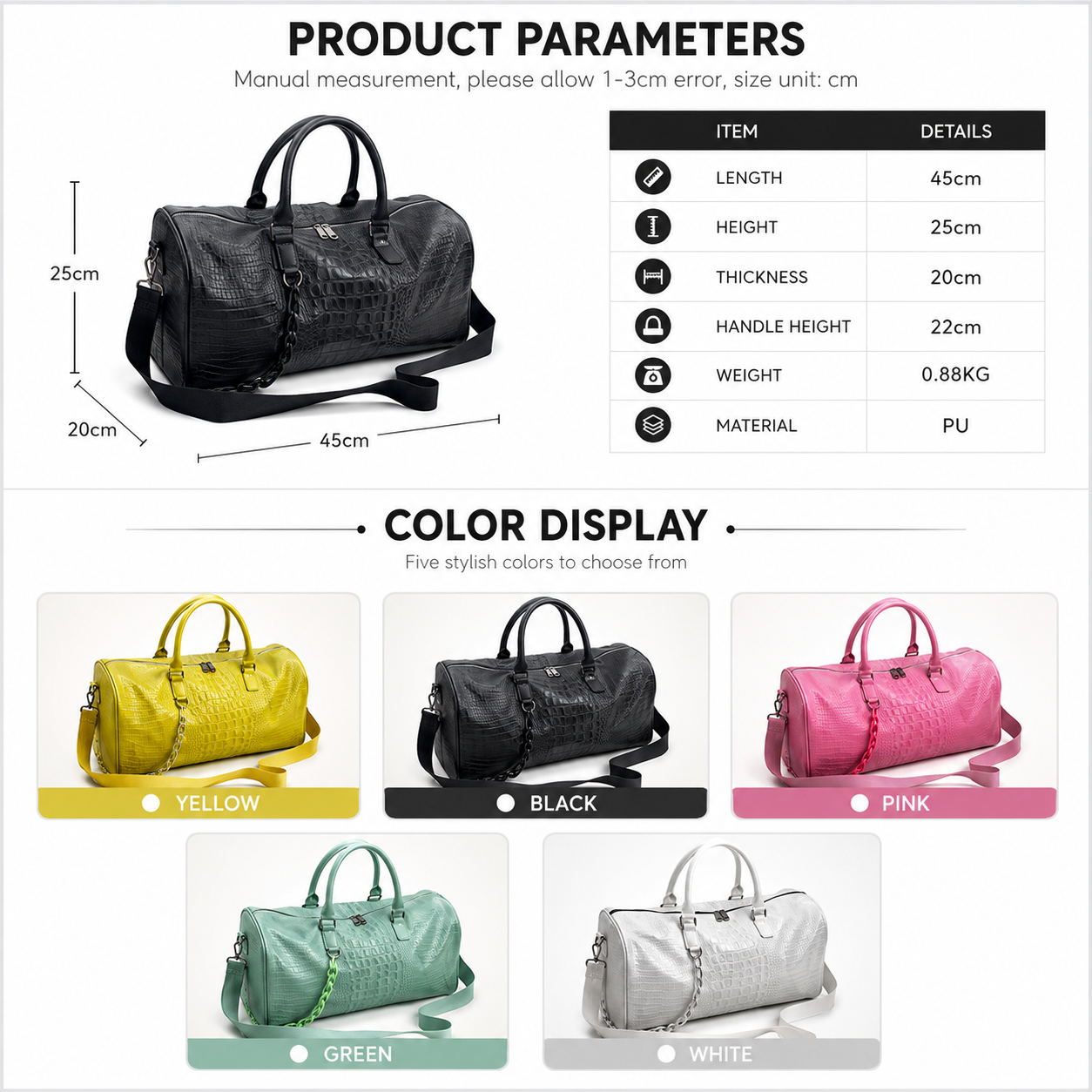 Product information graphic for a duffel bag, showing a black crocodile-embossed duffel bag with dimensions labeled, a material and measurement table, and five color options: yellow, black, pink, green, and white.