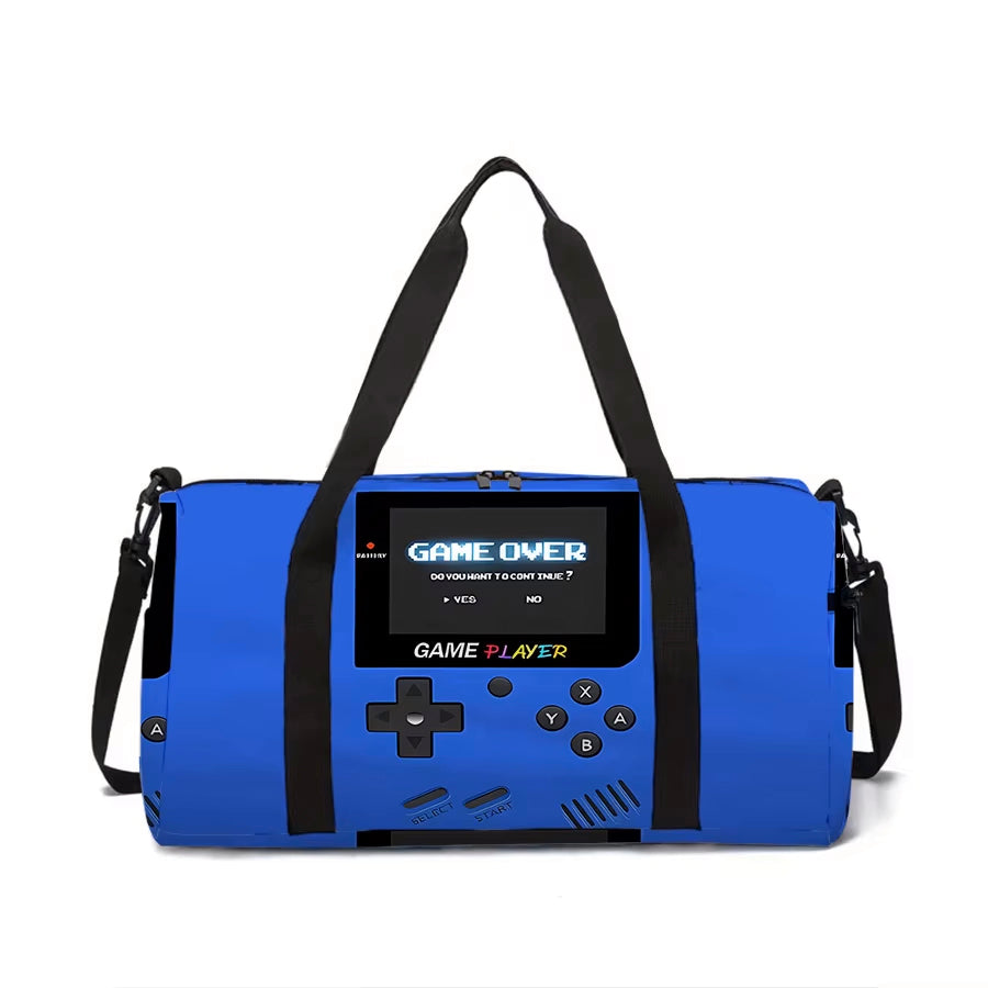 A bright blue duffel bag styled like a retro handheld game console, with black shoulder straps and a black screen showing a 'GAME OVER' display, on a plain white background.