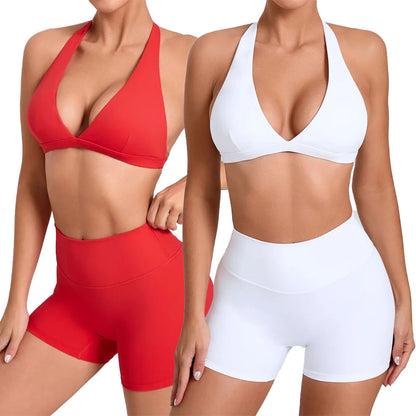 Deep V Bra Gym Halter Crop with Shorts Set