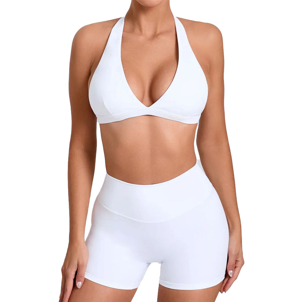 Deep V Bra Gym Halter Crop with Shorts Set