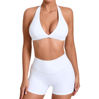 Deep V Bra Gym Halter Crop with Shorts Set
