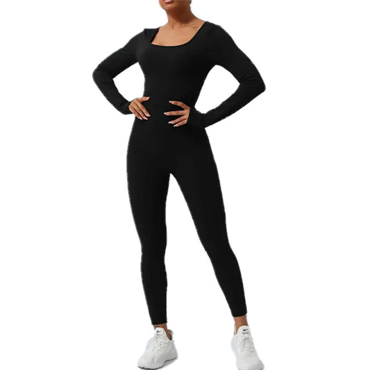 FULL LENGTH BODYSUIT YOGA BACKLESS JUMPSUIT AUSTRALIA IN SOLID BLACK FRONT VIEW