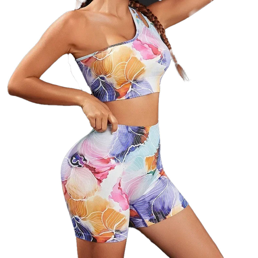 Floral yoga shorts with off shoulder crop top SET