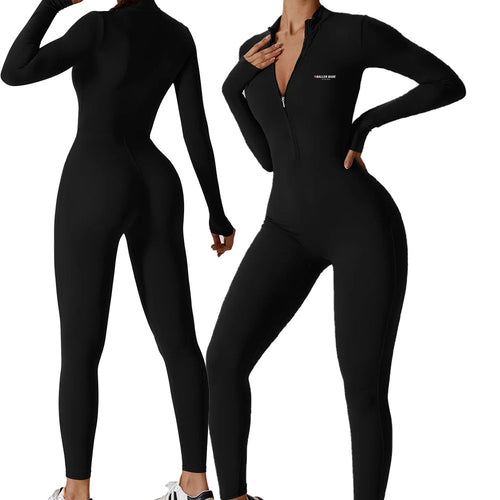Two models wearing a full-length black bodysuit with long sleeves. One model is facing forward, showcasing the zipper detail, while the other model is turned to the side, highlighting the fit and length of the bodysuit.