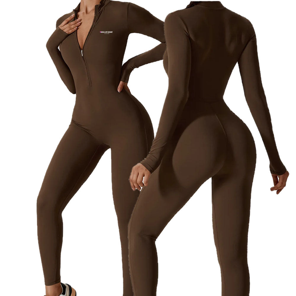 Baller Babe Full Length Long Sleeve Zipper Bodysuit Coco Brown