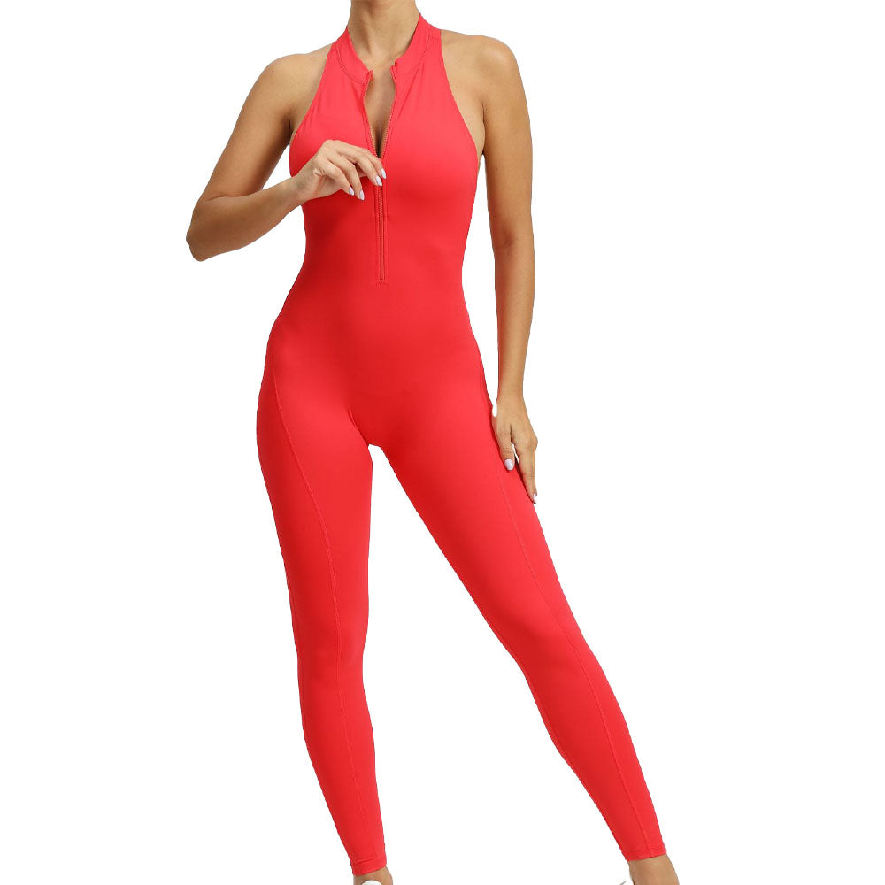 Full Length gym Bodysuit with Zip Red