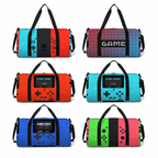 Six duffel bags arranged in a 3-by-2 grid on a white background, each styled like a retro video game controller body with black handles and straps. The bags feature different colorways: light blue and red, pink and purple, orange and red, cyan and blue, blue and green, and green and pink, with black center panels and black controller-style button graphics.