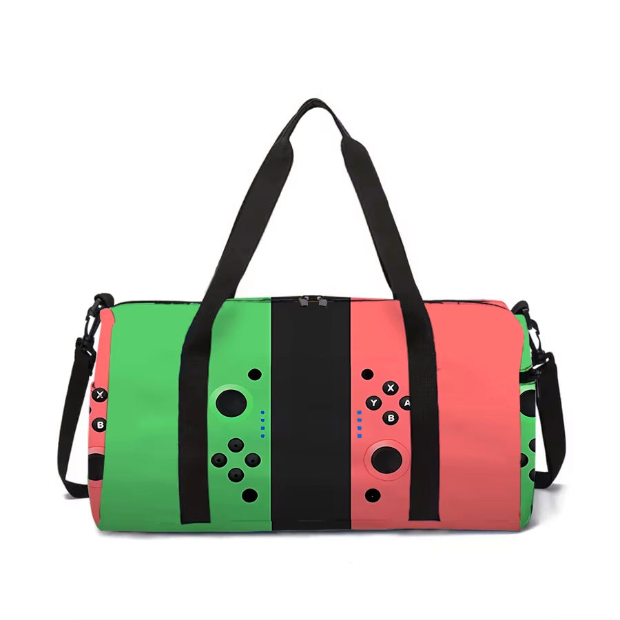 A duffel bag featuring a Nintendo Switch Joy-Con controller design with vertical panels of pink, green, and black, complete with black handles and a detachable shoulder strap, set against a plain white background.