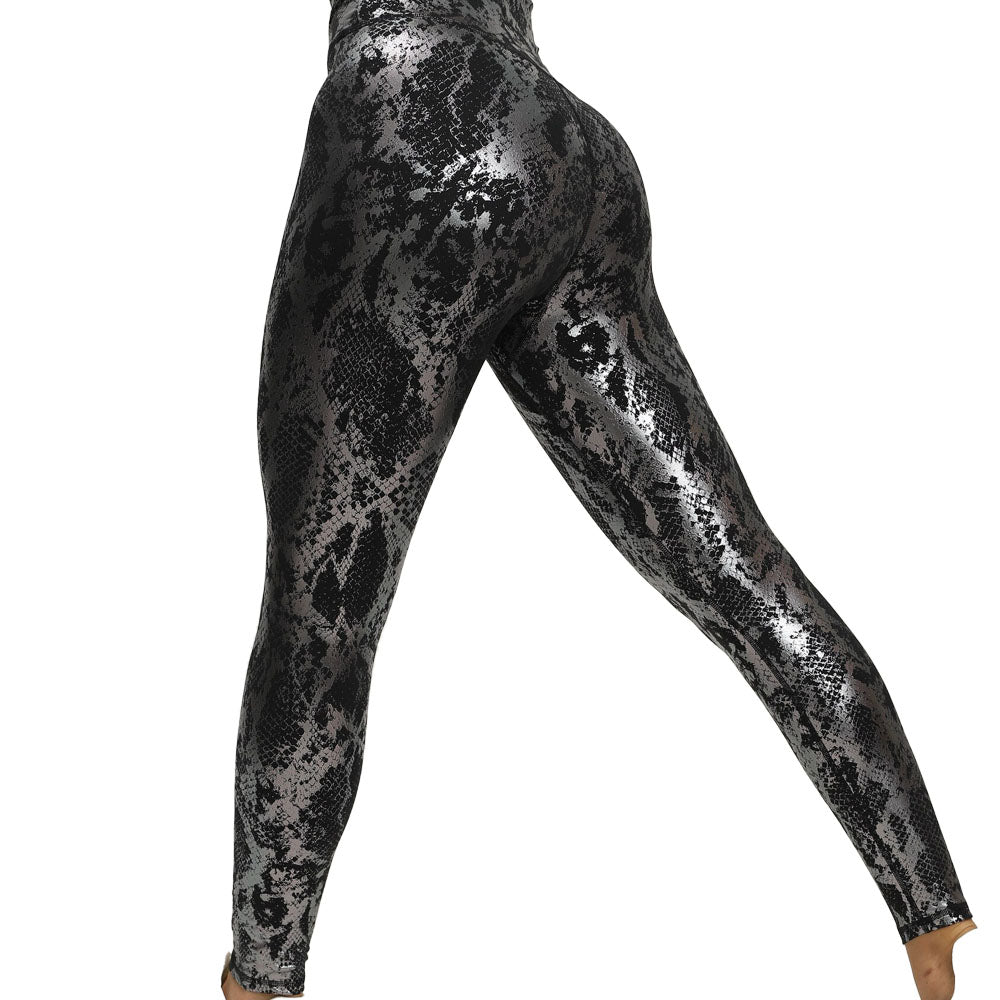 black shiney womens snake printed yoga leggings