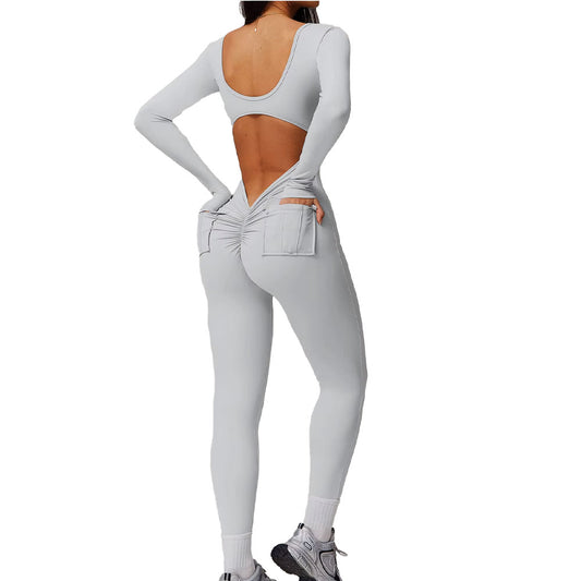 Long Sleeve Yoga Jumpsuit with Pockets Light Grey