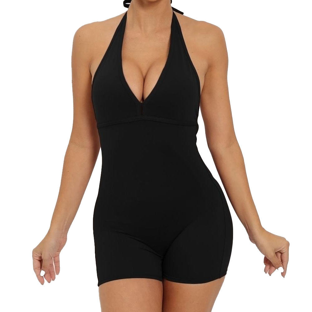 Baller Babe Halter Bodysuit Open Back V Scrunch Shorts Brown