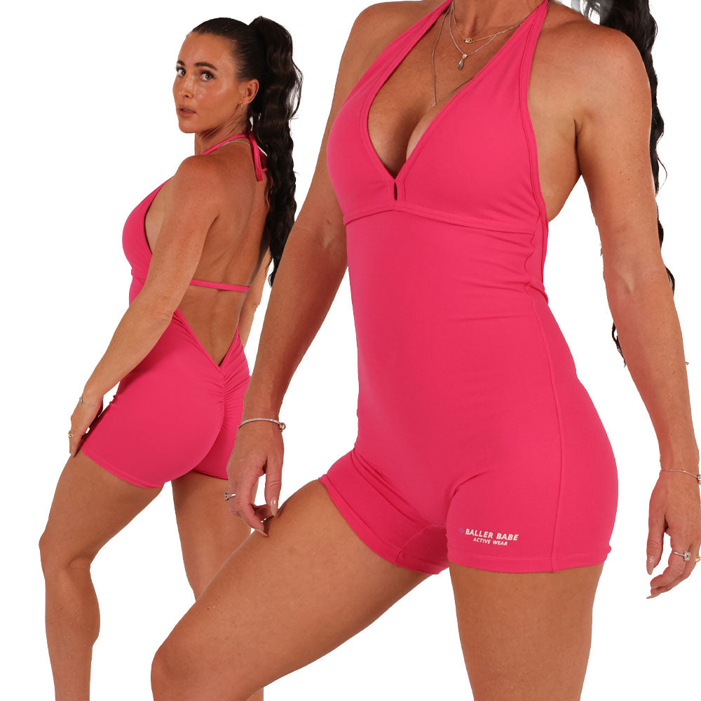 Baller Babe Halter Bodysuit Open Back V Scrunch Shorts Hot Pink