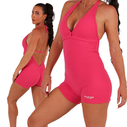 Baller Babe Halter Bodysuit Open Back V Scrunch Shorts Hot Pink